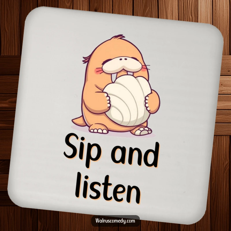 Funny Walrus Coaster: A coaster shows a giggling walrus holding a giant seashell, protecting your table with humor.