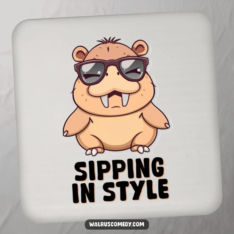 Funny walrus character winking with oversized sunglasses, printed on drink coasters for a humorous and cool protective touch