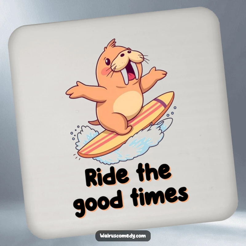 Funny coaster showing an excited walrus riding a giant surfboard with a splash, protecting surfaces with surf-inspired charm.