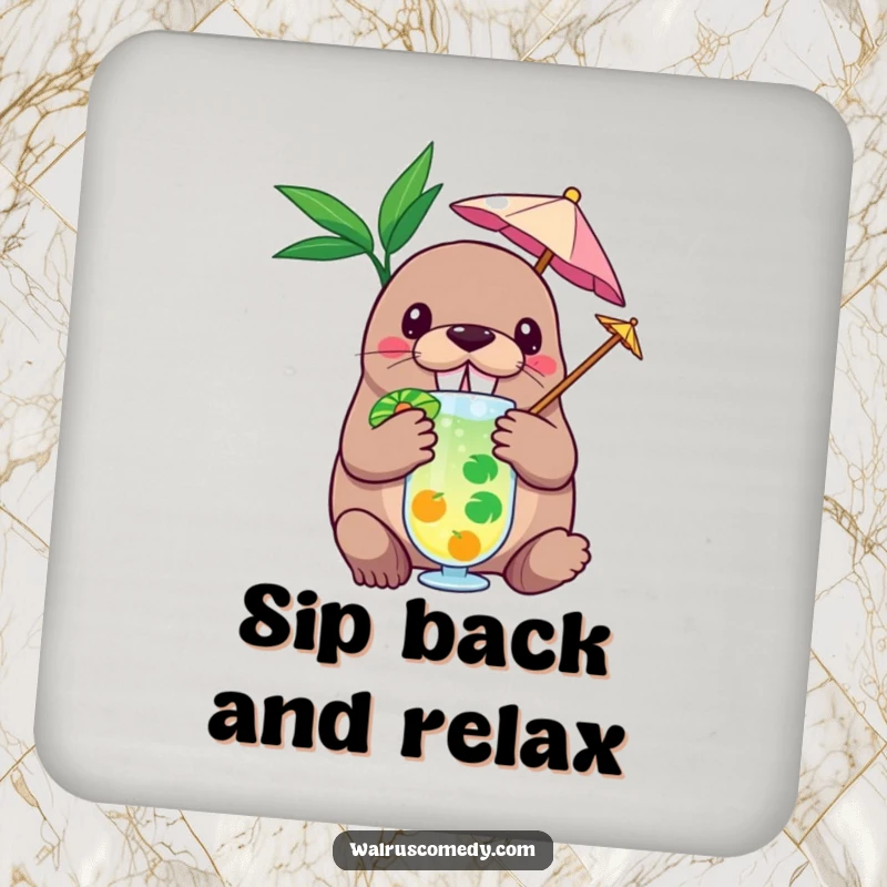 Funny drink coaster displaying a humorous walrus character holding a tiny umbrella in a tropical beverage, perfect for protecting surfaces.
