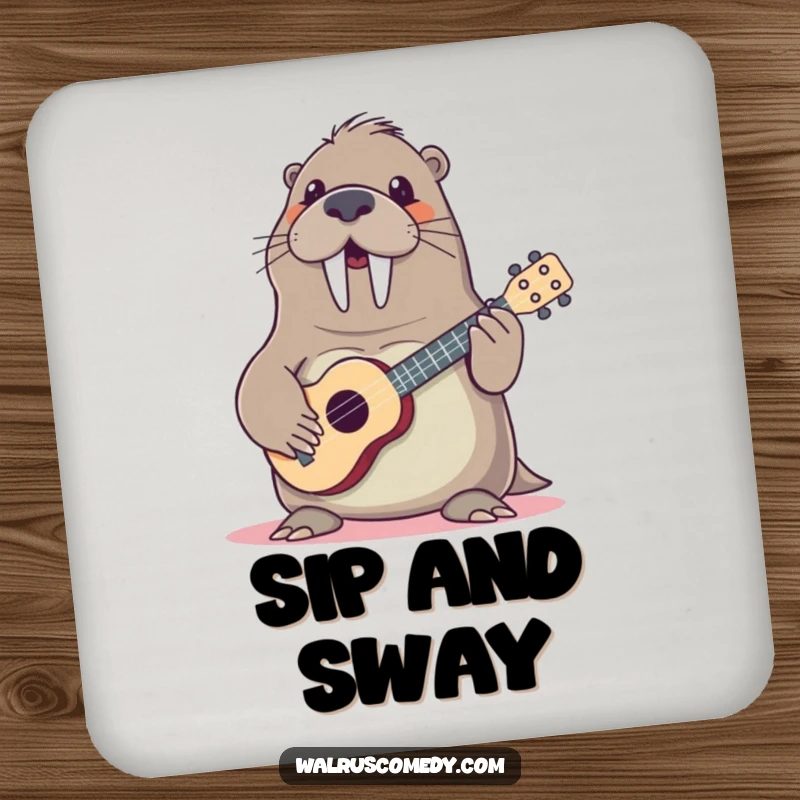 Funny walrus playing ukulele on a drink coaster, a humorous coaster featuring a musical sea mammal, perfect for parties.