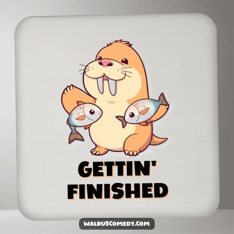 Funny walrus character coaster, juggling two shiny fish with a grin, protecting surfaces with humor, a fun funny gift.