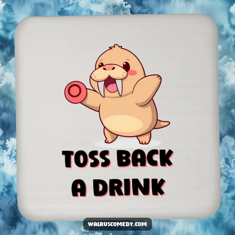 Funny drink coaster featuring a kawaii walrus with tusks happily throwing a frisbee, protecting surfaces while adding a dose of fun.