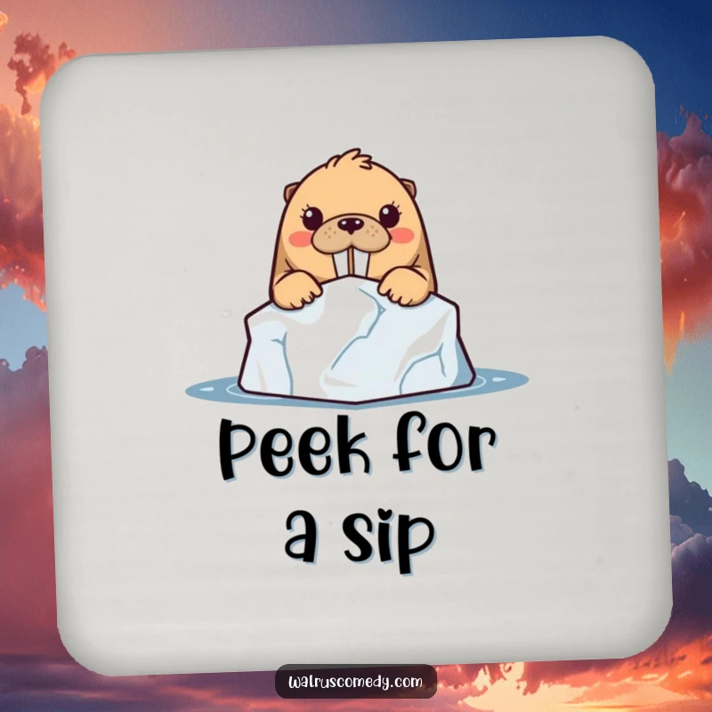 Funny kawaii walrus character curiously peeking from behind an iceberg, featured on a protective drink coaster.