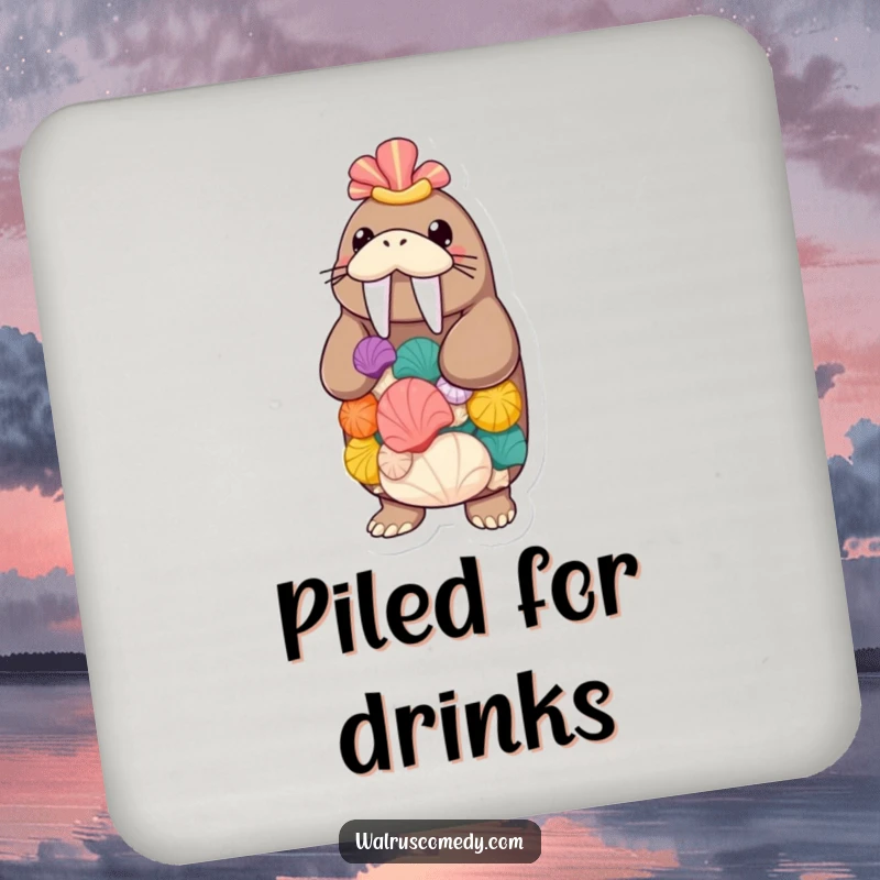 Funny walrus balancing seashells on a coaster, a humorous drink accessory featuring a skilled sea creature, perfect for tables.