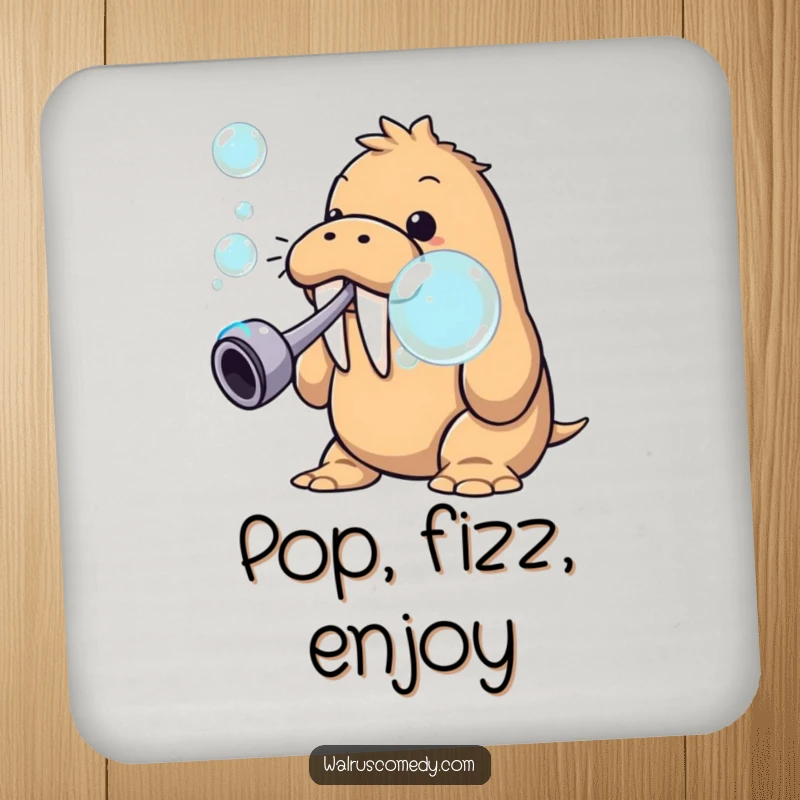 Funny walrus blowing bubbles on a coaster, a humorous drink accessory featuring a whimsical sea creature, perfect for tables.