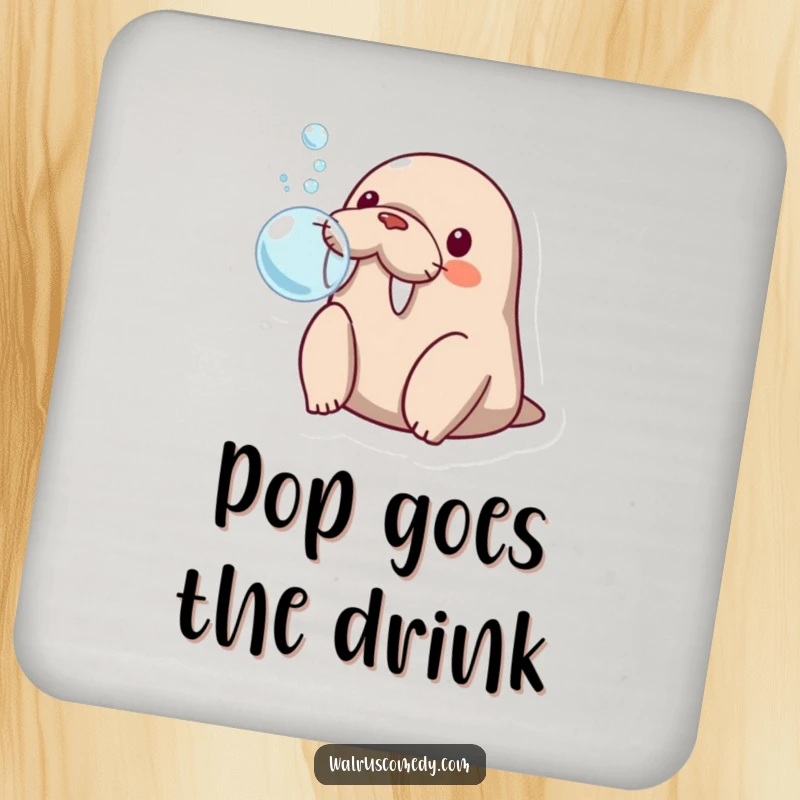 Funny kawaii walrus blowing a bubble with its flippers, looking surprised, adding a touch of humor to this drink coaster.