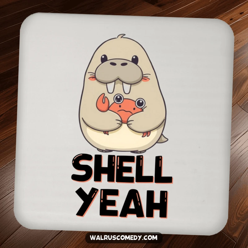 Funny drink coasters featuring a surprised walrus being hugged by a small crab, perfect for tables.