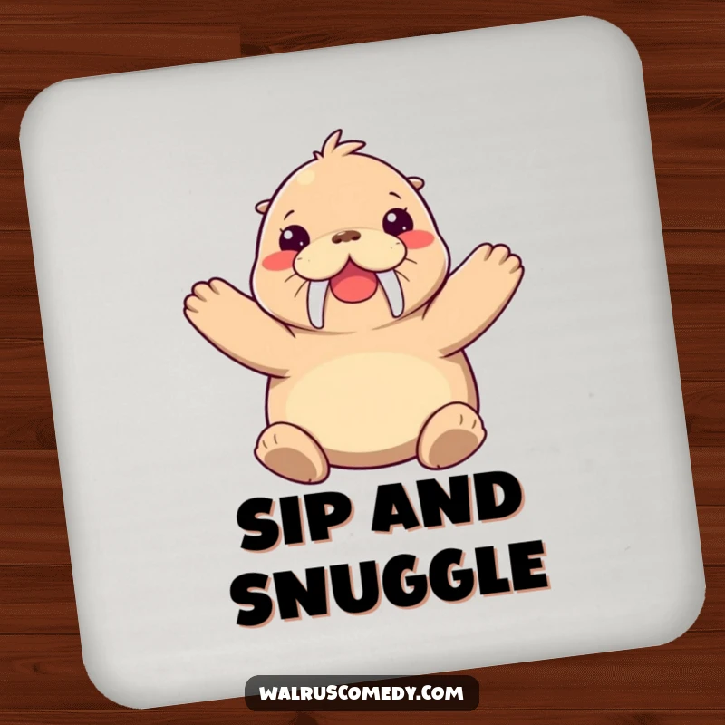 Funny walrus coaster showing a joyful walrus character giving a big hug, perfect for adding a touch of warmth.