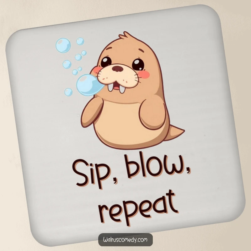 Funny kawaii walrus blowing a stream of bubbles, with a happy, curious gaze, protecting surfaces as a decorative drink coaster.