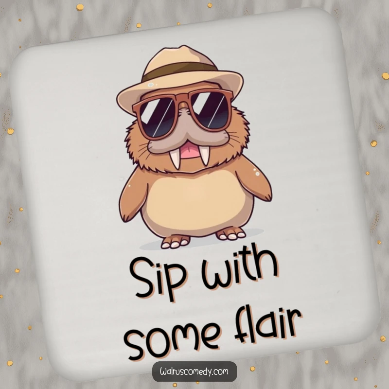 Funny Walrus Coaster: A coaster shows a cool walrus wearing sunglasses and a hat, protecting your table with style.