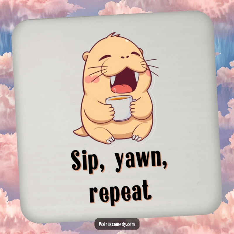 Funny walrus coaster showing a tired walrus yawning with a teacup, a humorous accessory for drink protection.