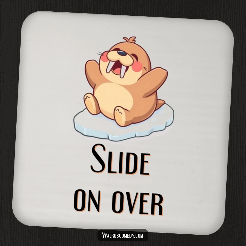 Funny coaster illustration of an excited walrus character gleefully sliding down an icy slope, adding humor to drink protection.