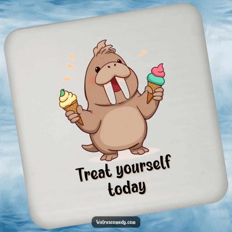 Funny Walrus Coaster: A coaster shows a cheerful walrus juggling several ice cream cones, protecting surfaces with style.