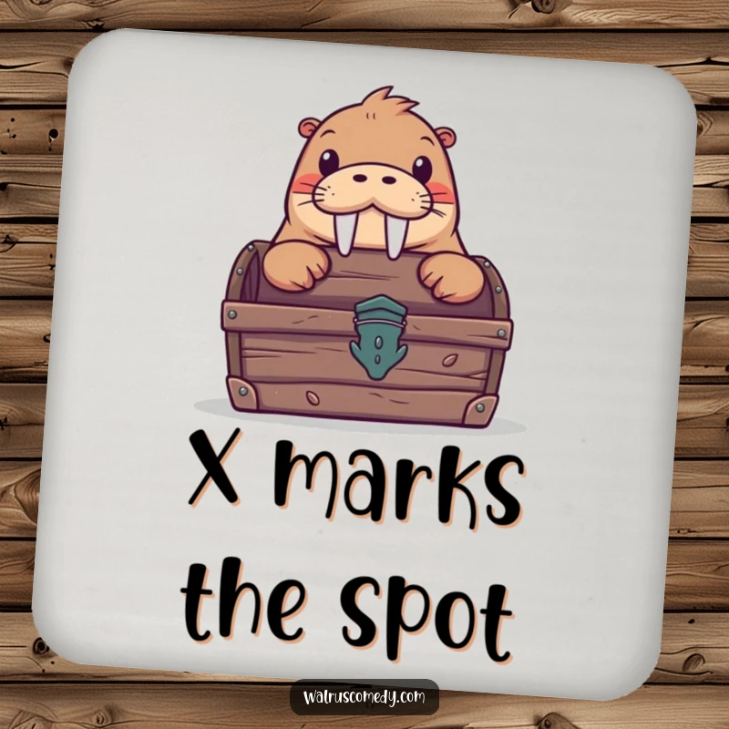 Funny coaster with a cute walrus peeking out from a treasure chest, serving as a humorous and protective surface for drinks.