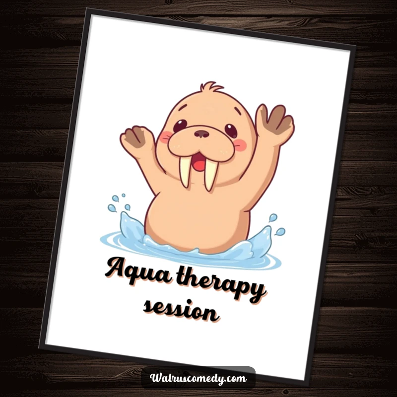 Funny poster featuring a kawaii walrus mid-splash with flippers upraised, capturing a moment of pure, uninhibited aquatic joy.