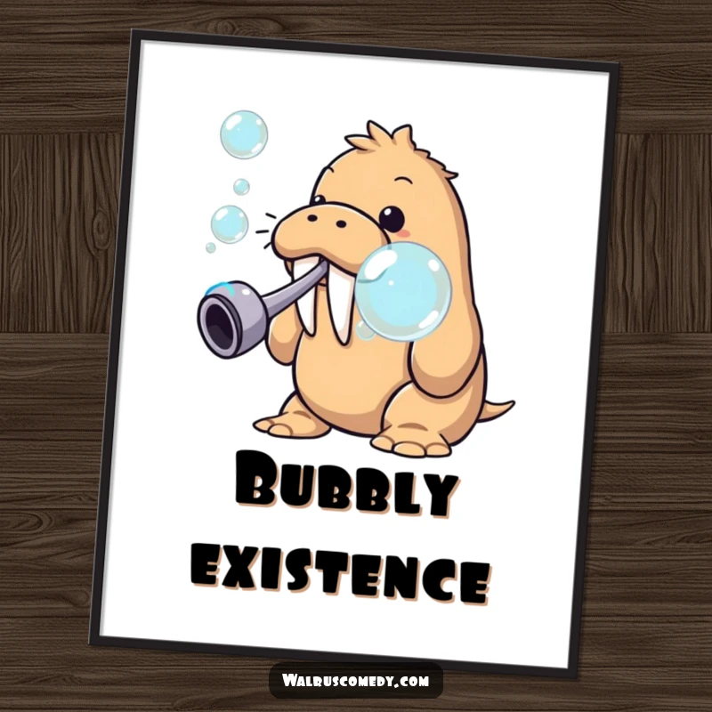 Funny walrus blowing giant bubbles from a pipe poster, whimsical wall art featuring a playful sea creature, colorful and fun.