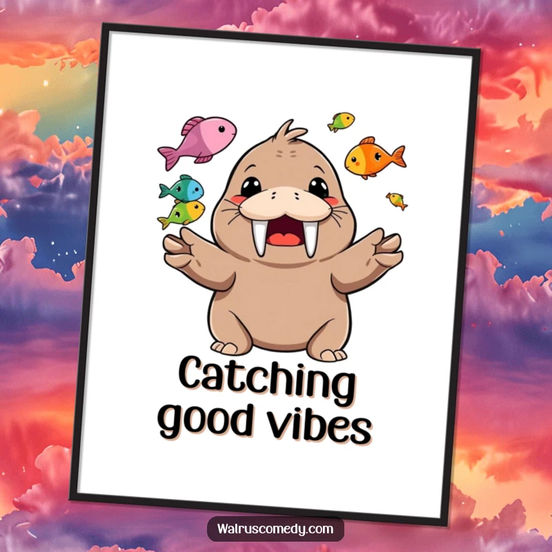 Funny Poster of a happy walrus character skillfully juggling colorful fish with a wide, toothy grin.