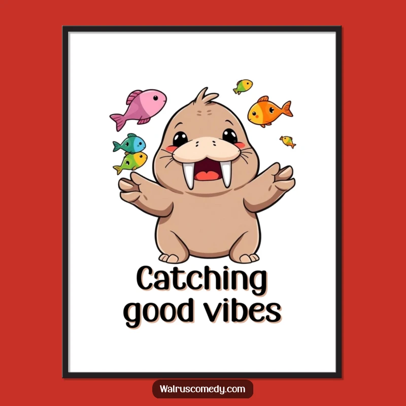 Funny Walrus Juggling Fish Poster: Happy Character Art for Coastal Decor