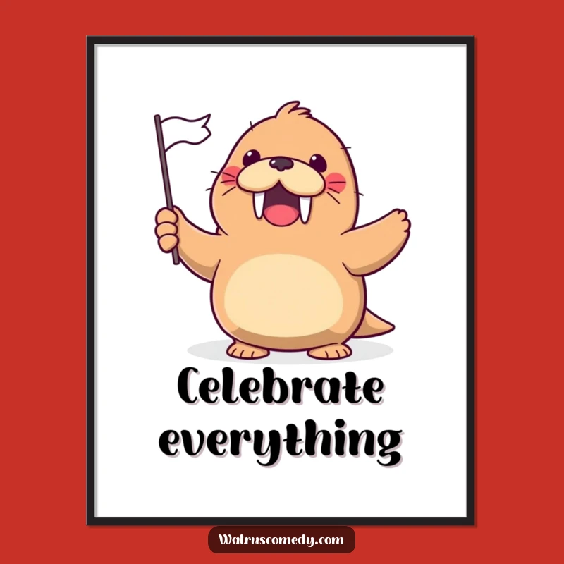 Funny Kawaii Walrus Flag Wave Poster - Cheerful Arctic Art, Humorous Gift