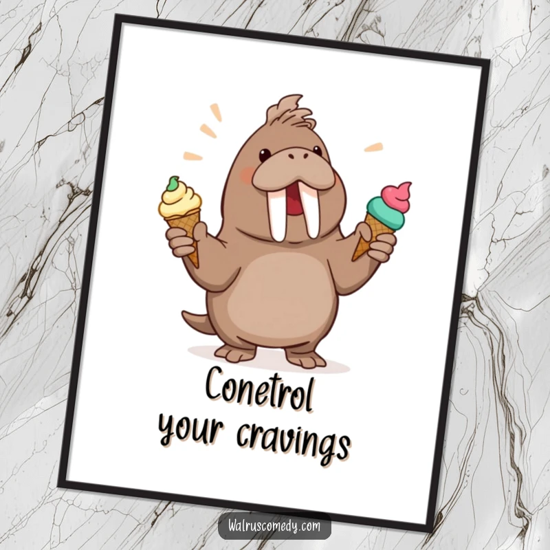 Funny Walrus Poster: An excited walrus character enthusiastically juggles a variety of ice cream cones, creating a fun visual.