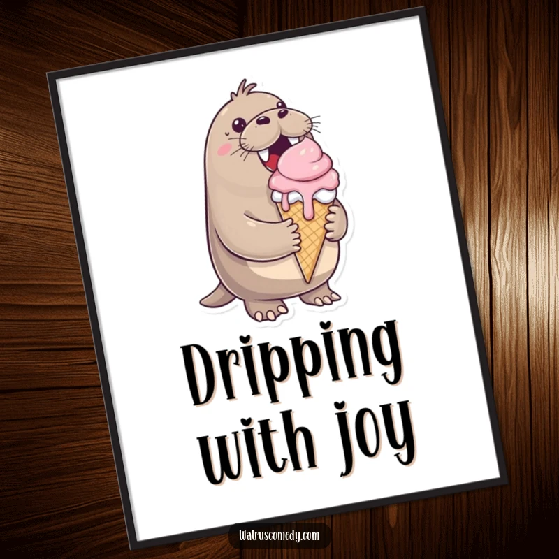 Funny poster, cheerful walrus, large ice cream cone, dripping happily, sweet wall art, perfect for kitchens, dessert theme.