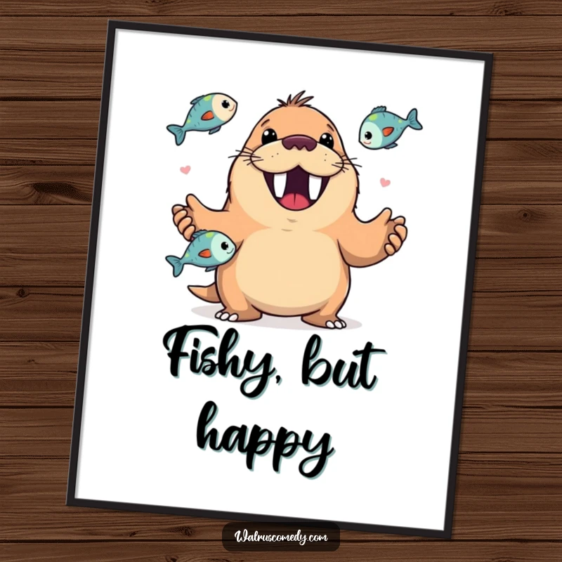 Funny poster of a happy walrus with a wide, toothy grin demonstrating impressive juggling skills with multiple fish.