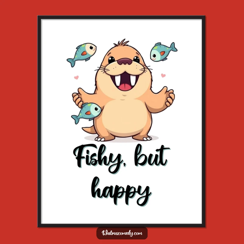 Funny Walrus Juggling Fish Poster: Happy Grin - Whimsical Wall Art Funny Gift