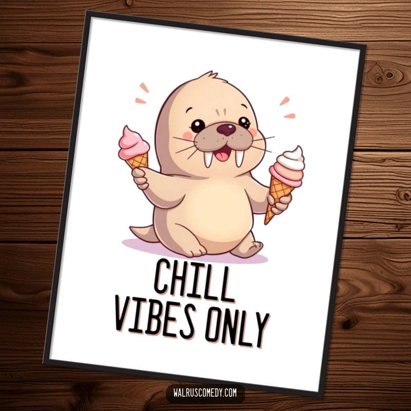 Funny Poster: A chubby baby walrus happily juggles several ice cream cones, radiating playful sweetness and joy.
