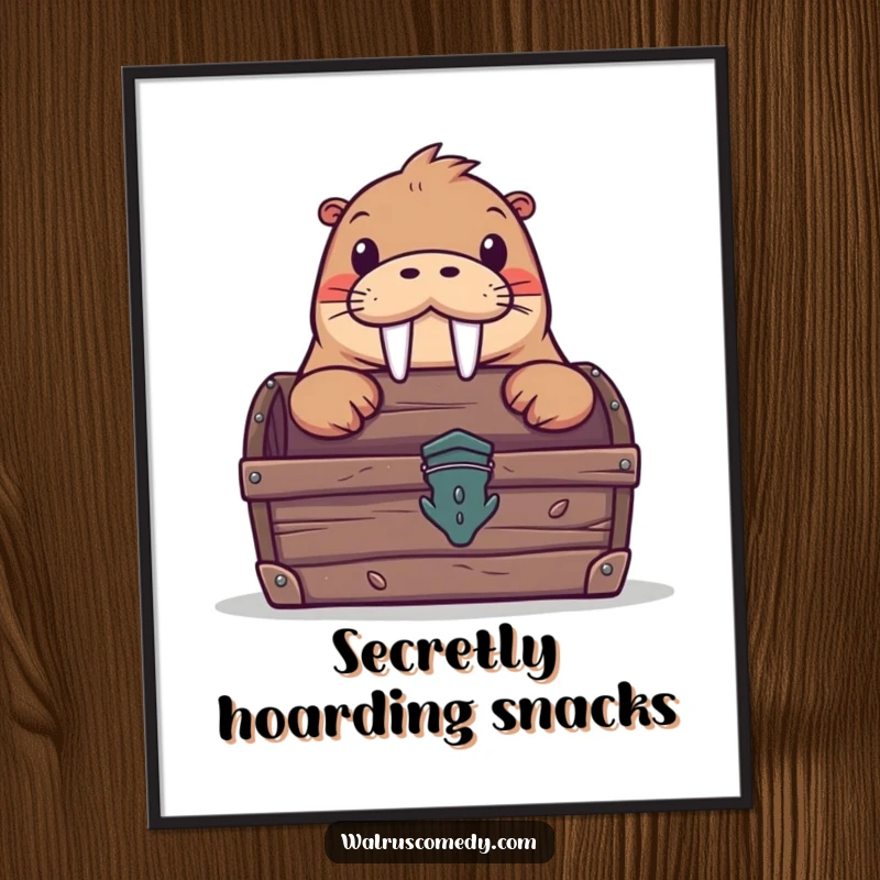 Funny poster art of a curious walrus peeking from behind a treasure chest, creating a humorous scene of discovery and wonder.