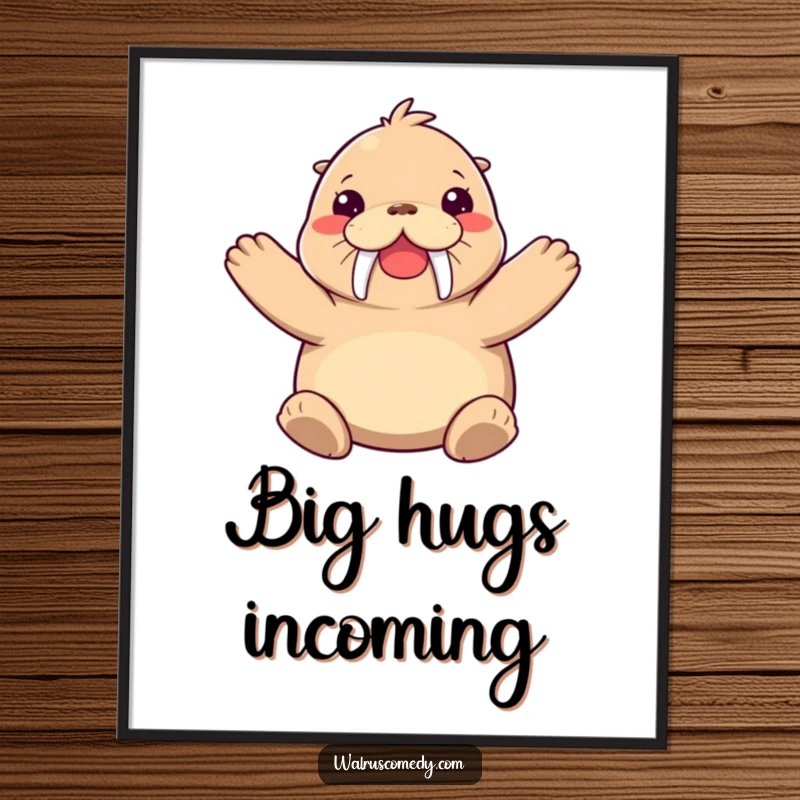 Funny walrus poster of a joyful walrus character enthusiastically offering a big hug, capturing pure happiness and affection.