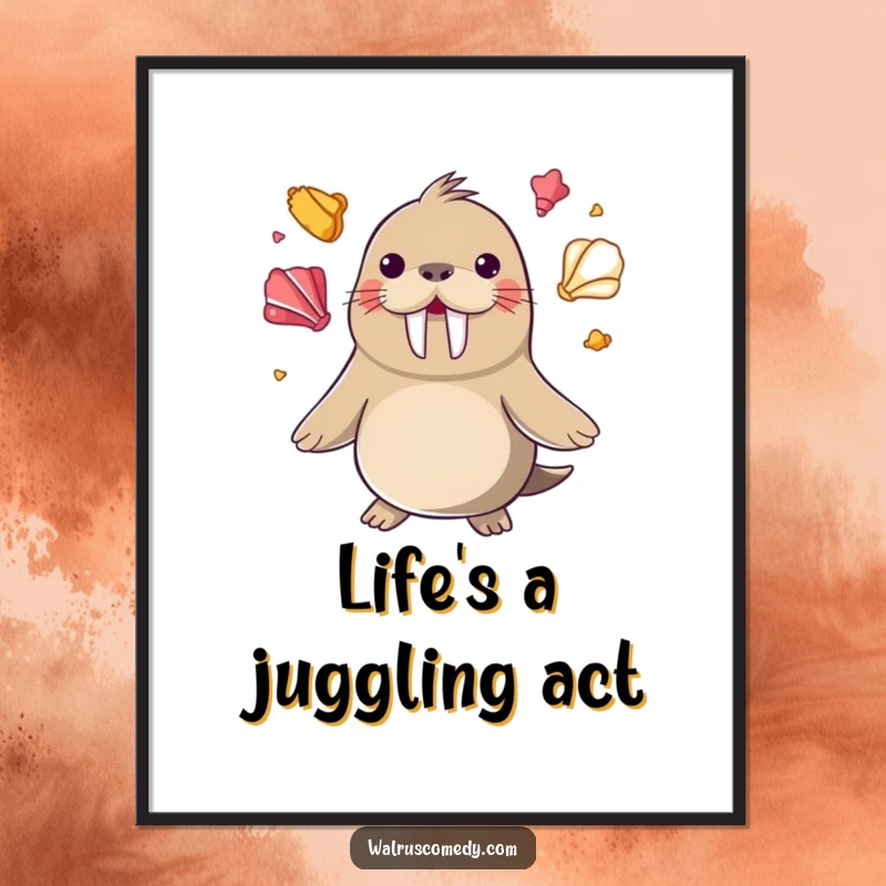 Funny happy walrus juggling colorful seashells with its flippers on a decorative poster, an artistic funny gift.