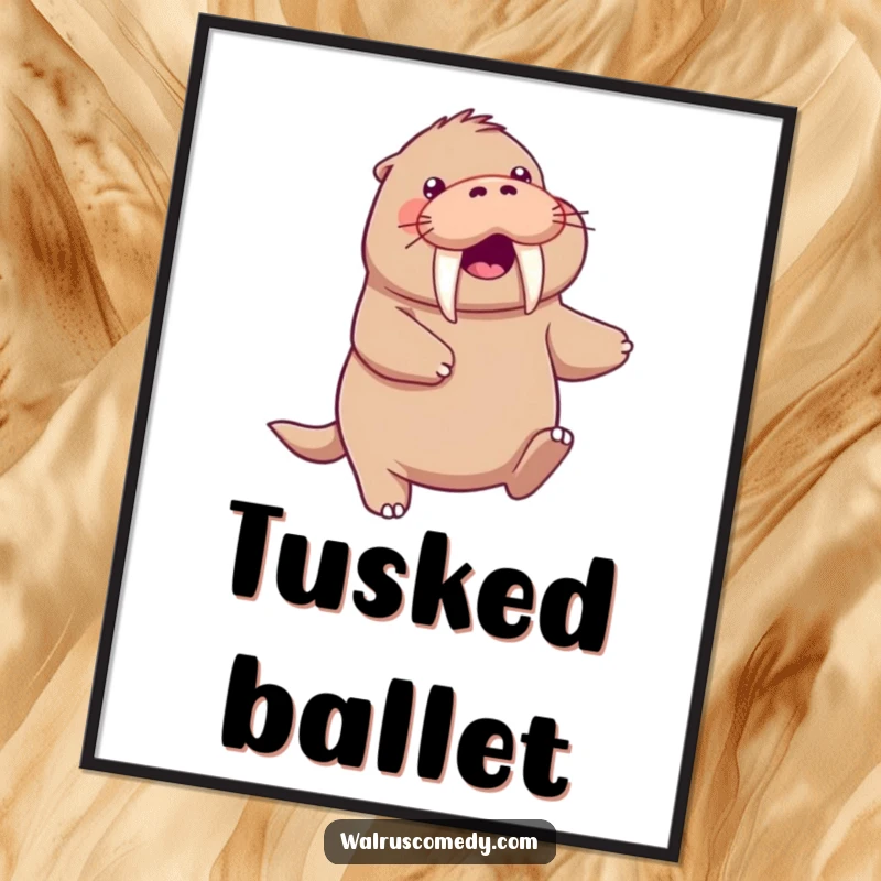 Funny kawaii walrus character energetically doing a playful dance, its tusks visible and in motion, creating a lively poster.