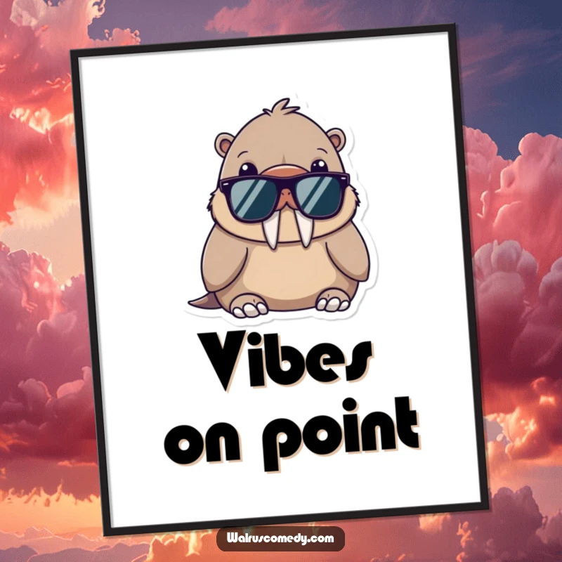 Funny poster featuring a kawaii walrus wearing sunglasses, radiating an aura of supreme coolness and relaxed confidence.