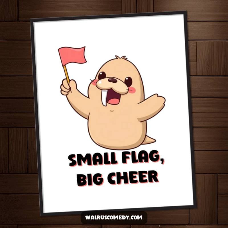 Funny Kawaii Walrus Poster: A gleeful walrus proudly waves a small flag, bringing an explosion of cheerful excitement and humor to your walls.