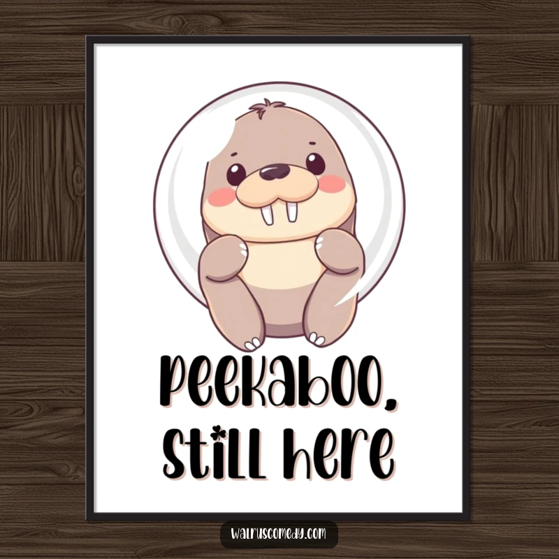 Funny Poster showcasing a Kawaii walrus shyly peeking from behind a large, vibrant bubble, its soft eyes full of gentle curiosity.