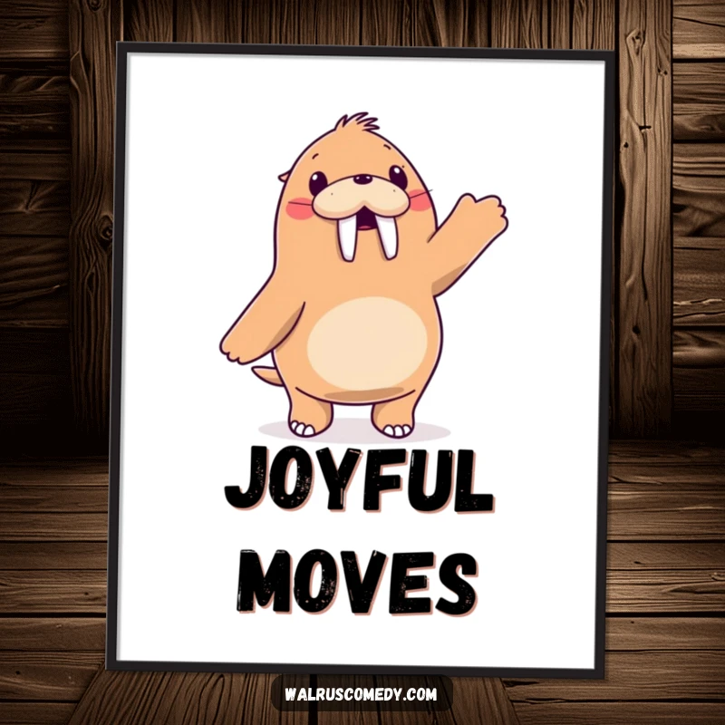 Funny walrus character joyfully dancing with its flippers in the air, vibrant poster, humorous wall art.