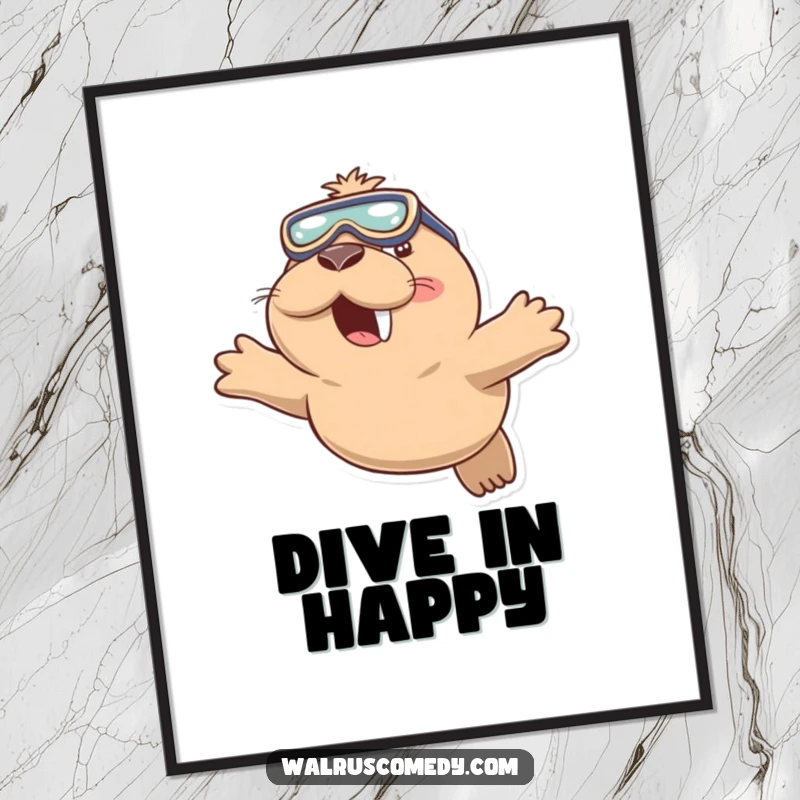 Funny poster of a playful walrus wearing swimming goggles and diving with a happy smile, capturing the joy of the deep sea.