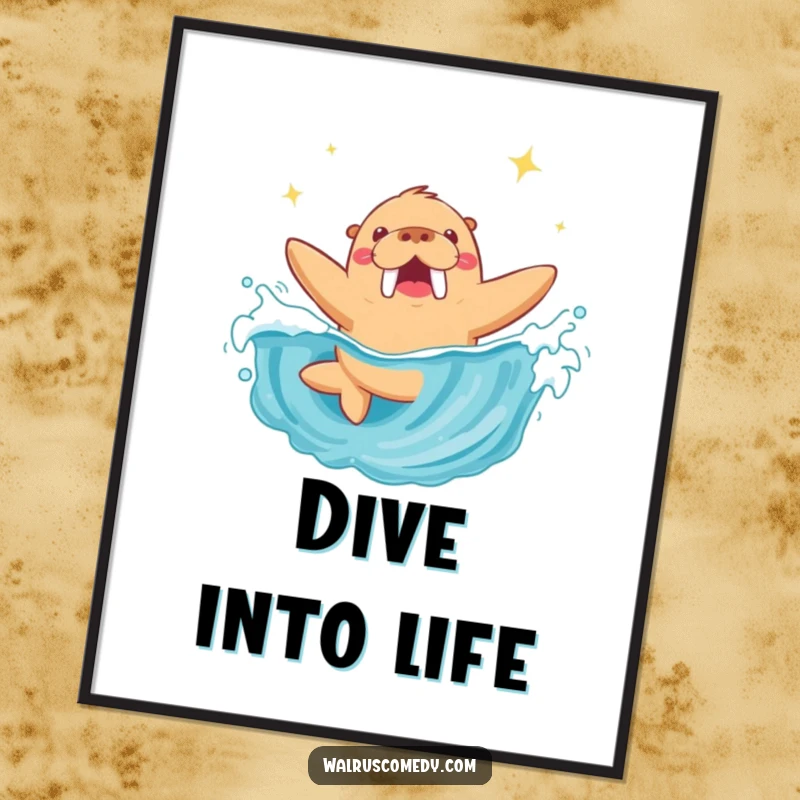 Funny Walrus Poster: A dynamic illustration of a walrus joyfully diving into a crystal-clear, sparkling ocean wave.