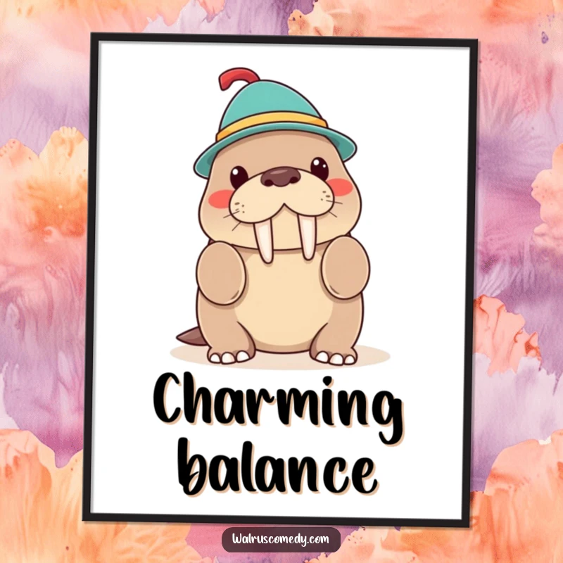 Funny Kawaii Walrus Hat Trick Poster, a smiling walrus balancing a hat on its tusk, whimsical and chic wall art.