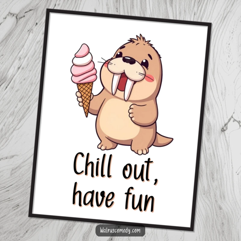 Funny walrus offering a large ice cream cone, depicted as a cheerful poster, capturing sweet delight, an ideal funny gift.
