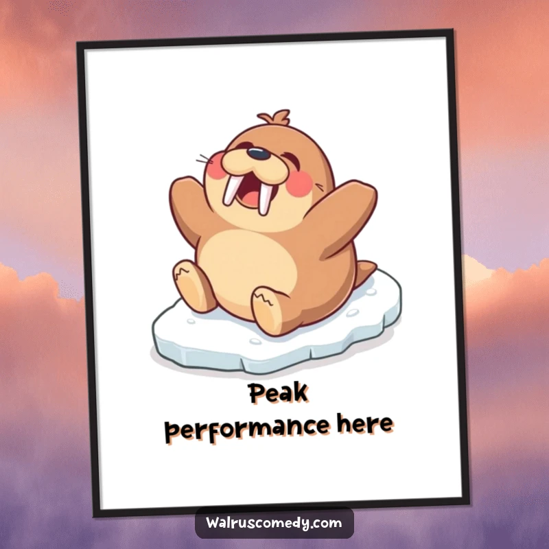 Funny poster of an excited walrus character joyfully sliding belly-first down a steep icy slope, embodying winter's playful side.