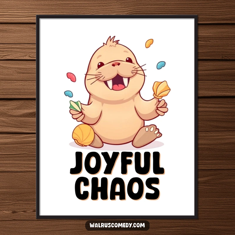 Funny Kawaii Walrus Juggling Seashells Poster, a happy walrus juggling seashells, cheerful ocean-themed wall art.