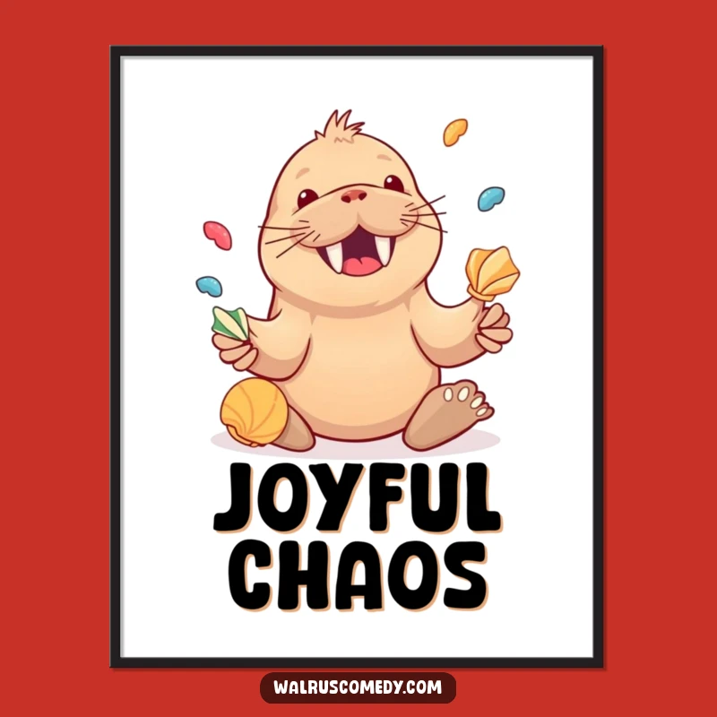 Funny Walrus Juggling Seashells Poster, Joyful Ocean Art, Great Funny Gift