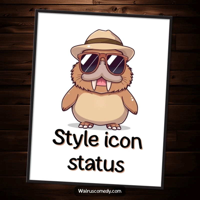 Funny Walrus Poster: A dapper walrus character wears large sunglasses and a chic hat, creating a humorous and fashionable art piece.