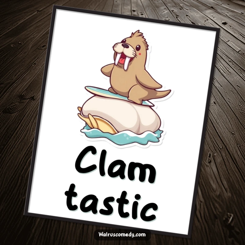 Funny poster showcasing a walrus expertly surfing on a massive clam, capturing ocean thrill.