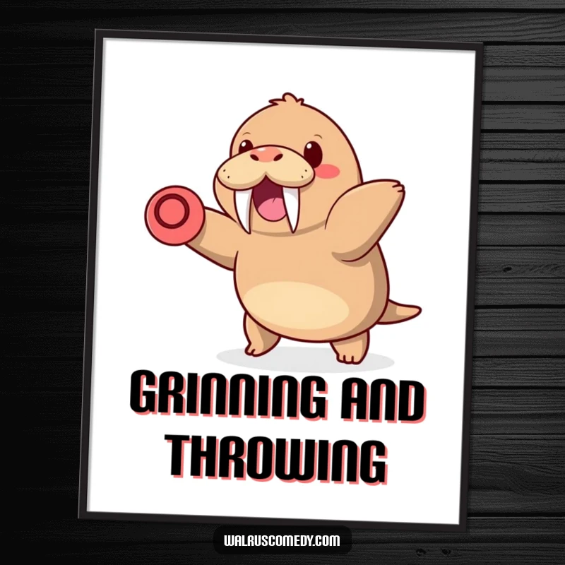 Funny kawaii walrus poster with tusks, smiling widely as it throws a frisbee, adding vibrant and playful art to any wall.