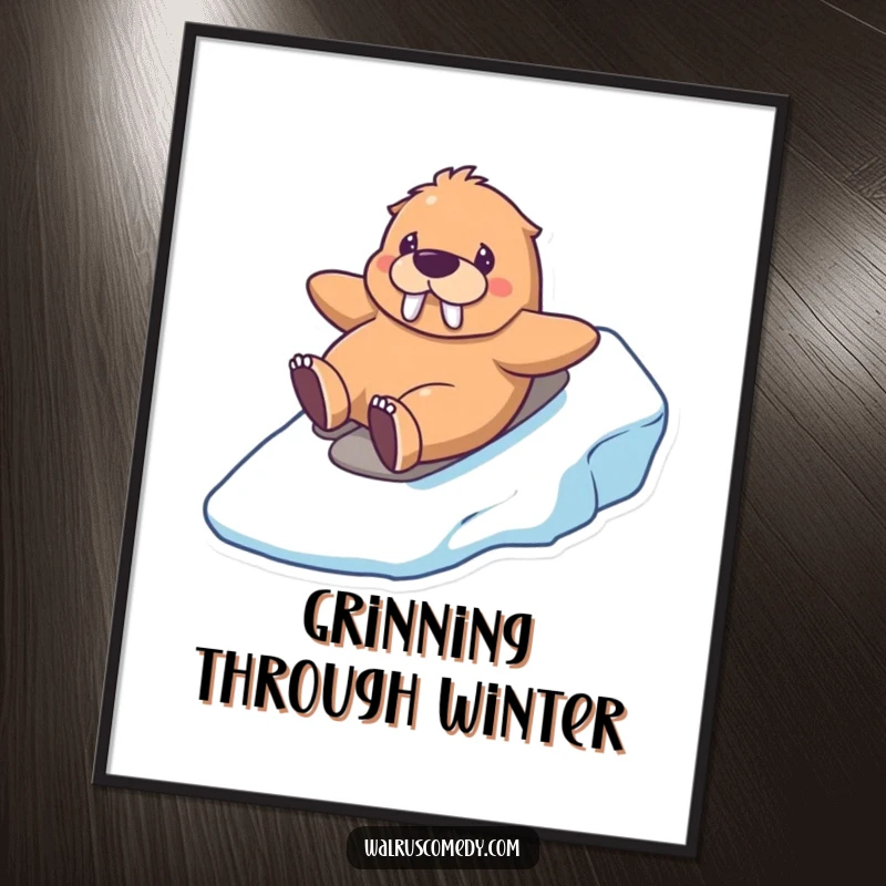 Funny kawaii walrus poster of a happy walrus sliding down an icy hill, perfect for adding winter humor to decor.