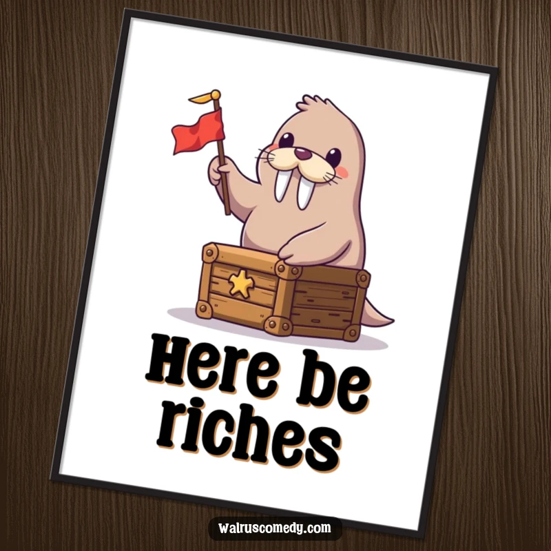 Funny poster featuring a jubilant walrus seated on a treasure chest, waving a tiny flag, embodying adventure and happiness.