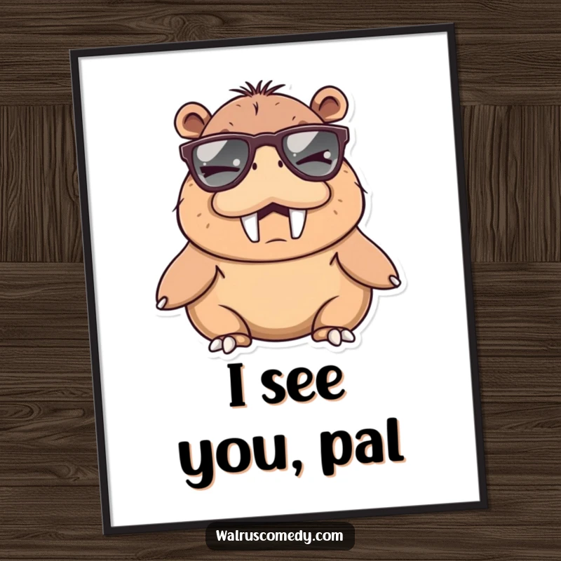 Funny walrus character winking playfully while wearing oversized, cool sunglasses, creating a humorous wall art poster